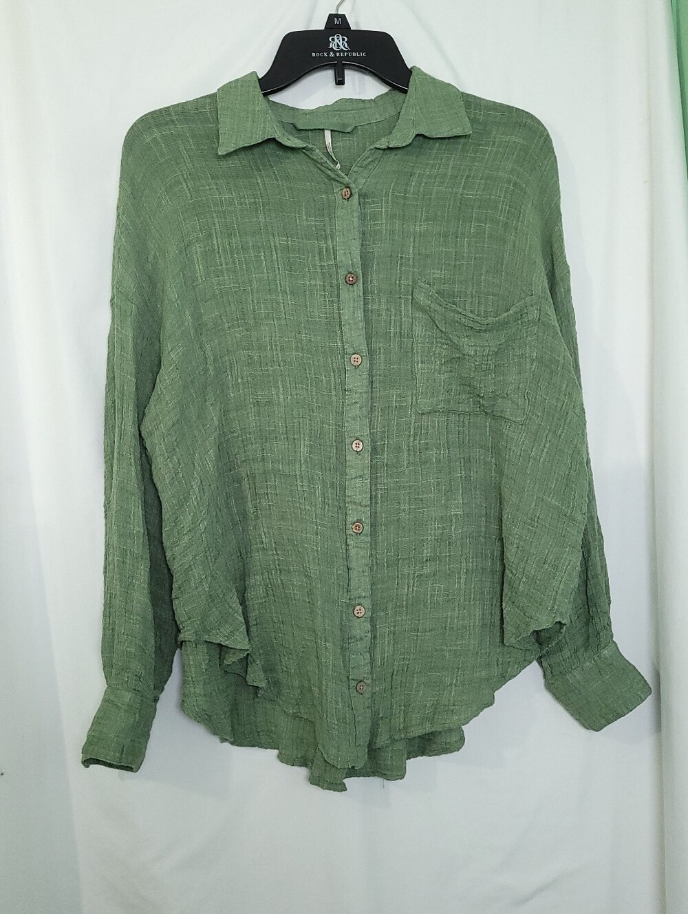 FREE PEOPLE Women's Green Gauze Long Sleeve Button Down Shirt Cottagecore SMALL